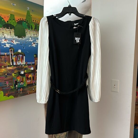 NWT DKNY Womens Black-Ivory Mixed Media Mini Casual Mini Dress - Picture 3 of 6